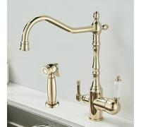 Robinet 3 Voies Cuisine Doré Mitigeur Evier Avec Douchette Robinet De Cuisine Retro Avec Bec À 2 Sorties 3 En 1 Mélangeur De Cuisine-A