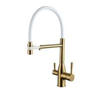 Robinet 3 Voies Osmoseur Mitigeur Cuisine Flexible Or Brossé Robinet Evier de Cuisine Laiton Poignées Doubles-Or Brossé