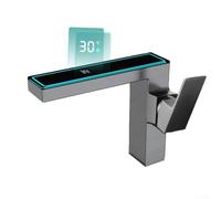 Robinet à affichage numérique intelligent avec lumière d'ambiance LED pour salle de bain, indicateur de température alimenté par l'eau, robinet d'évier sans contact pour maison moderne (gris)
