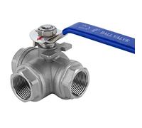 Robinet à boisseau sphérique 3 voies en acier inoxydable, filetage femelle 3/4", port en L, poignée bleue, for eau, gaz, pétrole