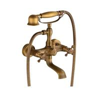 Robinet Baignoire avec Douchette Rétro - Mitigeur Douche 2 Poignées Laiton Antique Montage Mural, Robinet de Baignoire Doré 2 Sorties, Mélangeur Baignoire Douche Salle de Bain Vintage