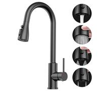 Robinet Cuisine avec Douchette Extensible Mitigeur - SREWOHS PRO Rabattable Mitigeur Robinet Evier de Cuisine avec 4 Douchette Modes, 360° d'Évier à Arc Élevé Acier Inoxydable Robinet Cuisine,Noir