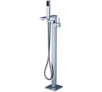 Robinet de baignoire autoportant en laiton pour baignoire - Robinet mitigeur de bain au sol - Ensemble de douche carré à poignée unique avec douchette à main (chromé)