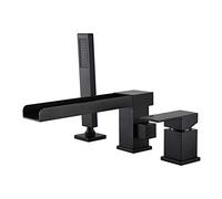 Robinet de Baignoire Cascade de Salle de Bain Contemporain à 3 Trous, Remplissage de Baignoire Romaine avec Douche à Main, Ensemble de Douche monté sur Pont avec Bec Long (Noir)