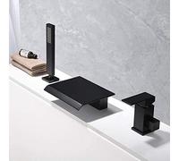 Robinet de baignoire cascade noir, robinet de baignoire avec douchette à main, robinet de baignoire de salle de bain monté sur le pont à poignée unique à 3 trous, mitigeur de bain reliable