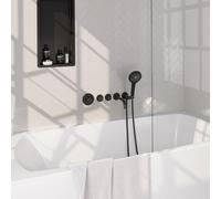 Robinet de baignoire encastré Brauer Black Carving - ensemble de douche - sortie de 20 cm - avec partie encastrable - 3 boutons avec relief - douchette ronde 1 fonction - noir mat 5-S-094