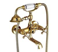 Robinet De Baignoire, Mitigeur Douche Montage Mural Avec Douche À Main, Mitigeur De Baignoire Double Poignée Laiton Avec Support Et Flexible 150Cm, Pour Salle De Bains, Antique Style, D'or