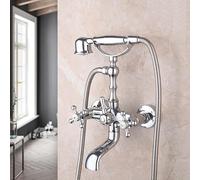 Robinet de baignoire mural avec pommeau de douche et poignée en croix rétro à double levier pour salle de bain, finition chromée, installation facile