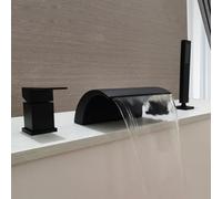 Robinet de baignoire noir à 4 trous avec mitigeur de douche à poignée unique, accessoires de salle de bain complets en cascade moderne Rubinetto Bordo Vasca pour une expérience de bain élégante