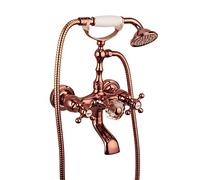 Robinet De Baignoire Robinet Douche Mural Retro Traditionnel Style Laiton Double Poignée Mitigeur De Baignoire Avec Douchette Et Flexible De Douche (150cm), Robinet De Salle De Bain, Or Rose