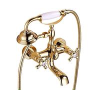 Robinet De Baignoire Robinet Douche Mural Retro Traditionnel Style Laiton Double Poignée Mitigeur De Baignoire Avec Douchette Et Flexible De Douche (150cm), Robinet De Salle De Bain, Doré