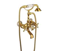Robinet De Baignoire Robinet Douche Mural Retro Traditionnel Style Laiton Double Poignée Mitigeur De Baignoire Avec Douchette Et Flexible De Douche (150cm), Robinet De Salle De Bain, Doré