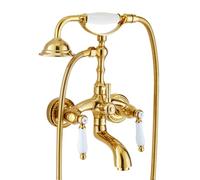Robinet De Baignoire Robinet Douche - Mural Retro Traditionnel Style Laiton Double Poignée Mitigeur De Baignoire Avec Douchette Et Flexible De Douche (150cm), Robinet De Salle De Bain, Doré