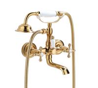 Robinet De Baignoire Robinet Douche - Mural Retro Traditionnel Style Laiton Double Poignée Mitigeur De Baignoire Avec Douchette Et Flexible De Douche (150cm), Robinet De Salle De Bain, Doré