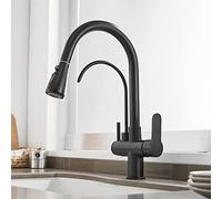 Robinet de cuisine à 3 voies avec pulvérisateur extractible - Design col de cygne - Double poignée pivotante à 360 ° - Noir - Pour une utilisation facile et une élégance moderne
