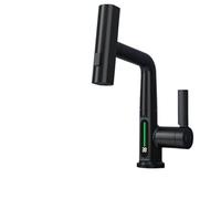 Robinet de cuisine à affichage intelligent de la température à LED, sortie d'eau chaude et froide, robinet d'évier à tirette(Black)