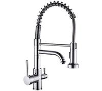 Robinet de Cuisine à Osmose à 3 Voies avec douchette à Ressort extractible, Robinet de Cuisine avec 2 leviers, mitigeur de Cuisine 3 en 1 pour Filtre à Eau Noir, A (Couleur : Gebürstetes Nickel,