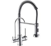 Robinet de Cuisine à Osmose à 3 Voies avec douchette à Ressort extractible, Robinet de Cuisine avec 2 leviers, mitigeur de Cuisine 3 en 1 pour Filtre à Eau Noir, A (Couleur : Gebürstetes Nickel,