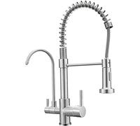 Robinet de Cuisine à Osmose à 3 Voies avec douchette à Ressort extractible, Robinet de Cuisine avec 2 leviers, mitigeur de Cuisine 3 en 1 pour Filtre à Eau Noir, A (Couleur : Gebürstetes Nickel,