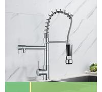 Robinet de cuisine à ressort doré et noir, pivotant à 360°, double mitigeur extractible, eau chaude et froide, 2 sorties, chromé, design moderne pour une utilisation facile.