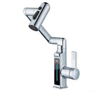 Robinet de cuisine avec affichage de la température, robinet mélangeur extractible rotatif à 1080°, robinet d'évier chaud et froid, robinet de lavabo en cuivre pivotant 3D (argenté)