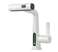 Robinet de Cuisine avec Douchette Extensible, Digital Affichage de la Température LED, Robinetterie Cuisine de Rotatif à 360°, 3 Modes Mitigeur d'Évier pour Lavabo Bains, Hauteur Réglable, Blanc