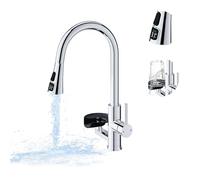Robinet de Cuisine avec Lave-Verres, Mitigeur Cuisine Douchette Extensible 3 Modes, Affichage LED de la température de l'eau, 360°, Rotatif Acier Inoxydable 304 Brossé, Robinet Évier Multifonction