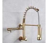 Robinet de cuisine avec pulvérisateur rétractable, robinet de cuisine à double bec d'eau froide, robinet de cuisine mural à poignée unique, robinet d'évier de cuisine en laiton, or