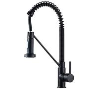 Robinet de cuisine commercial en laiton noir avec pulvérisateur extractible, robinet mélangeur chaud et froid rotatif à 360°, pulvérisation double mode, design à ressort pour évier