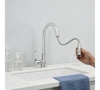 Robinet de cuisine en acier inoxydable extensible, mitigeur d'évier avec douchette extensible, robinets de cuisine rotatifs à 360°, bubbler en nid d'abeille et boule de gravité (argent)