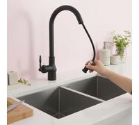 Robinet de cuisine en acier inoxydable extensible, robinet d'évier avec douchette extensible, robinets de cuisine rotatifs à 360°, bubbler en nid d'abeille et boule de gravité (noir)