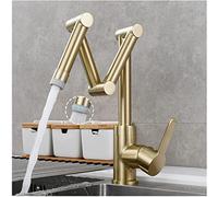 Robinet de cuisine en laiton massif avec 2 fonctions - Remplisseur de casserole extractible à 3 points - Bec pliable - Bras pivotant - Poignée unique - Montage sur pont - Finition or brossé
