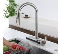 Robinet de cuisine extractible cascade 4 modes avec affichage numérique de la température et de l'heure mitigeur moderne rotatif à 360° for eau chaude et froide(Brushed)