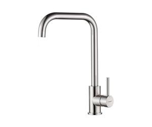 Robinet de cuisine Ibergrif, acier inoxydable brossé, mitigeur monocommande, pivotant à 360°, mitigeur haute pression pour évier, hauteur du bec 28 cm - Design d'angle moderne - M22105A