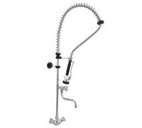 Robinet de Cuisine Industriel Monotrou en Laiton Chromé - Bec Orientable et Douchette Professionnelle - Fixations Murales Incluses - Tubes de Raccordement 40 cm - Acier Durable Résistant