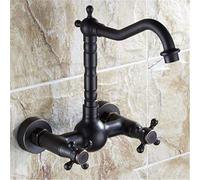 Robinet de Cuisine Le lavabo Antique en cuivre Noir, Le mélangeur d'eau Chaude Froide transforme l'or en Robinet d'évier de Cuisine Mural, Bec pivotant à Double poignée, Noir Haut A