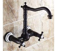 Robinet de Cuisine Le lavabo Antique en cuivre Noir, Le mélangeur d'eau Chaude Froide transforme l'or en Robinet d'évier de Cuisine Mural, Bec pivotant à Double poignée, Haut Noir