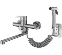 Robinet de cuisine mural avec pulvérisateur, mitigeur monocommande en acier inoxydable, double trou Robinet moderne pour cuisine