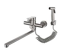 Robinet de cuisine mural en acier inoxydable brossé avec pistolet pulvérisateur pivotant, eau chaude et froide, multifonctionnel pour un nettoyage et une cuisson faciles