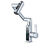 Robinet de cuisine numérique avec 5 modes, tête rotative 3D et affichage de la température pour évier, construction en cuivre avec 2 tuyaux d'entrée d'eau de 60 cm (argenté)