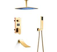 Robinet de douche aux précipitations dorés, ensemble de douche léger à LED, mélangeur de douche monté sur le plafond en cascade Affichage de température numérique cachée robinet d'eau de douche,