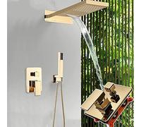Robinet de douche moderne noir mat avec pommeau de douche à effet pluie et cascade, douchette à main incluse, système de douche dissimulé, finition dorée.