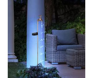 Robinet de jardin décoratif pour robinet solaire avec éclairage extérieur Prise de jardin solaire pour extérieur, effet feu, métal doré, 60x LED blanc chaud, LxlxH 11x6x80 cm