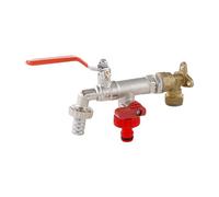 Robinet de jardin double sortie + robinet de compression mural coude 15 mm - Laiton