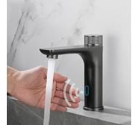 Robinet de salle de bain automatique sans contact en acier inoxydable avec mélangeur d'eau chaude et froide, contrôle de la température, volant antidérapant, design élégant noir