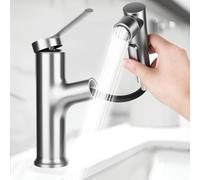 Robinet de salle de bain avec douchette extensible, haute pression, mitigeur monocommande avec 3 types de jet, mitigeur chaud et froid, robinet de lavabo pour salle de bain, gris bronze