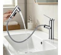 Robinet de salle de bain avec douchette extensible, mitigeur monocommande haute pression avec 3 types de jet, mitigeur chaud et froid, mitigeur de lavabo pour salle de bain, métal, argent clair