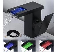 Robinet de salle de bain avec lumières LED, noir, robinet cascade, 3 couleurs, robinet d'eau chaude et froide, mitigeur moderne à levier unique pour salle de bain (tuyaux de 60 cm inclus)