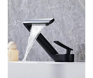 Robinet de salle de bain cascade 1 trou - Robinet d'évier de salle de bain noir mat à poignée unique - Robinet de courtoisie moderne et contemporain pour évier de salle de bain SHUNLI