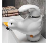 Robinet de salle de bain en céramique de dessin animé, robinet de lavabo chaud et froid livré avec un tuyau d'entrée en acier inoxydable, un débit d'eau doux et un motif de canard blanc